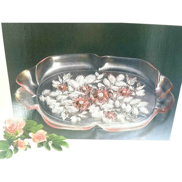 Mikasa Rosella Germany Crystal Tray Platter Pink Ruffled Raised Floral 16” - Picture 1 of 12